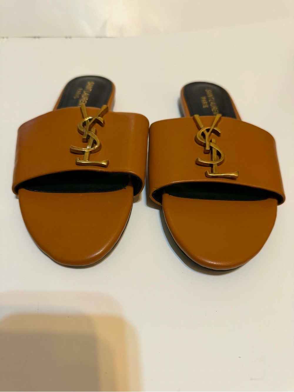 YSL Yves Saint Laurent Paris Leather Slide Sandal Women's Size 38 US 8 Tan Black
